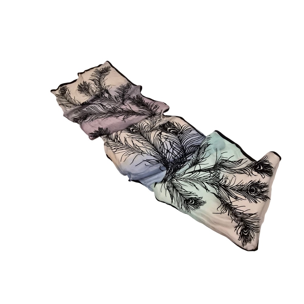 Peacock Feather Ombre Sheer Scarf Black Velour Flocked Purple Blue Green